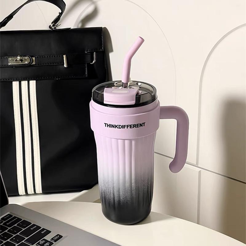 860ml Double Stainless Steel Vacuum Flask With Straw Large Capacity Leak-Proof Coffee Tea Cold Drink Bottle Car Thermal Mug