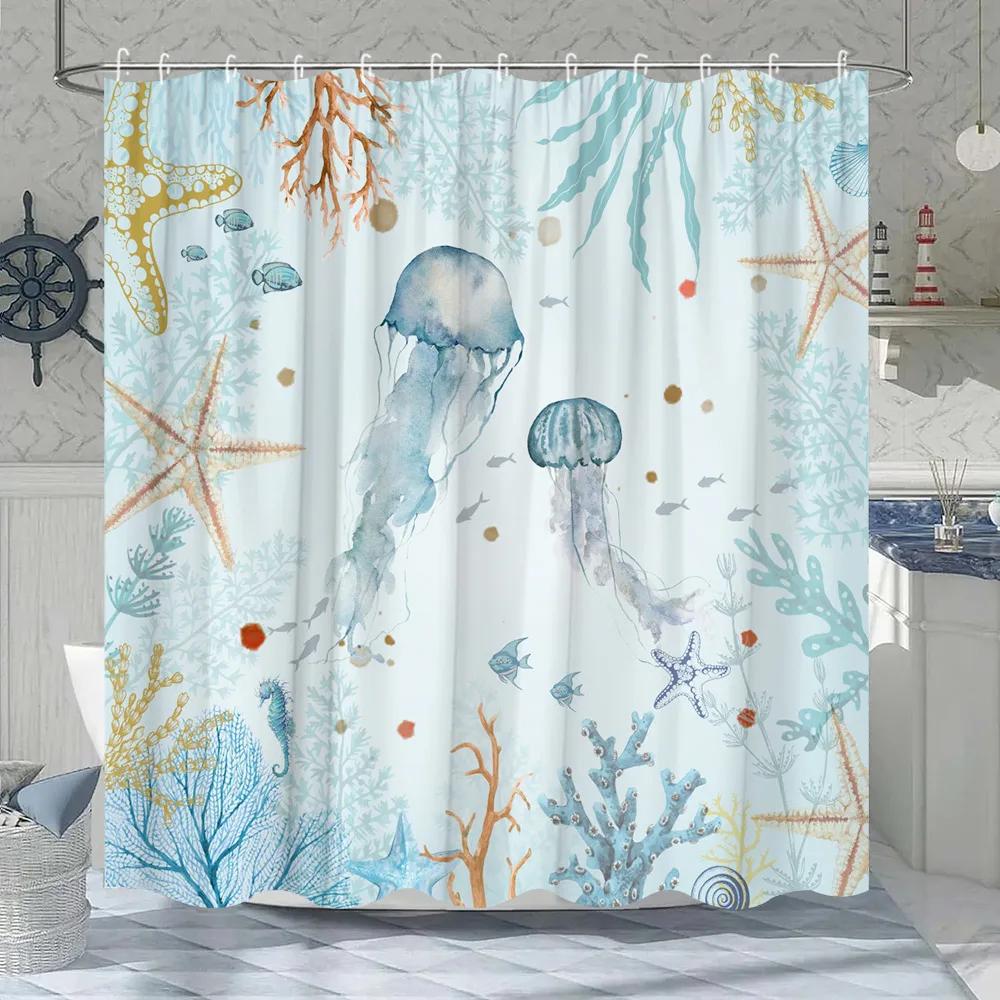 Ocean Animal Shower Curtain Underwater World Coral Nautical Sea Turtle Adventure Home Polyester Fabric Bathroom Decor Curtains