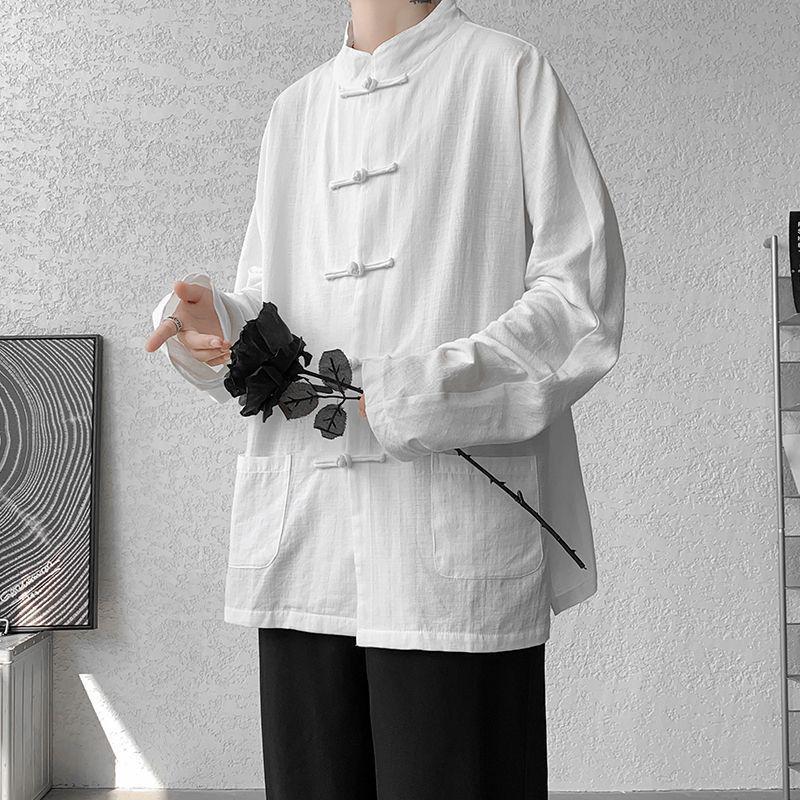 Men's Plus Size Cotton Linen Mandarin Collar Shirt with Frog Buttons