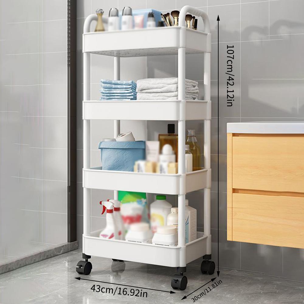 

1шт Белая 4-х уровневая тележка, двойные подлокотники с колесиками, полки для хранения вещей у кровати для спальни и ванной комнаты белый