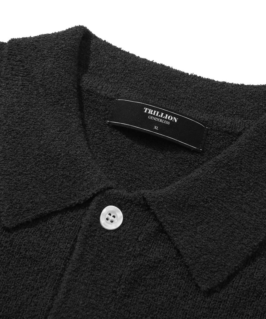 TRILLION Washable Boucle Collar Short Sleeve Knit (Pure Black)
