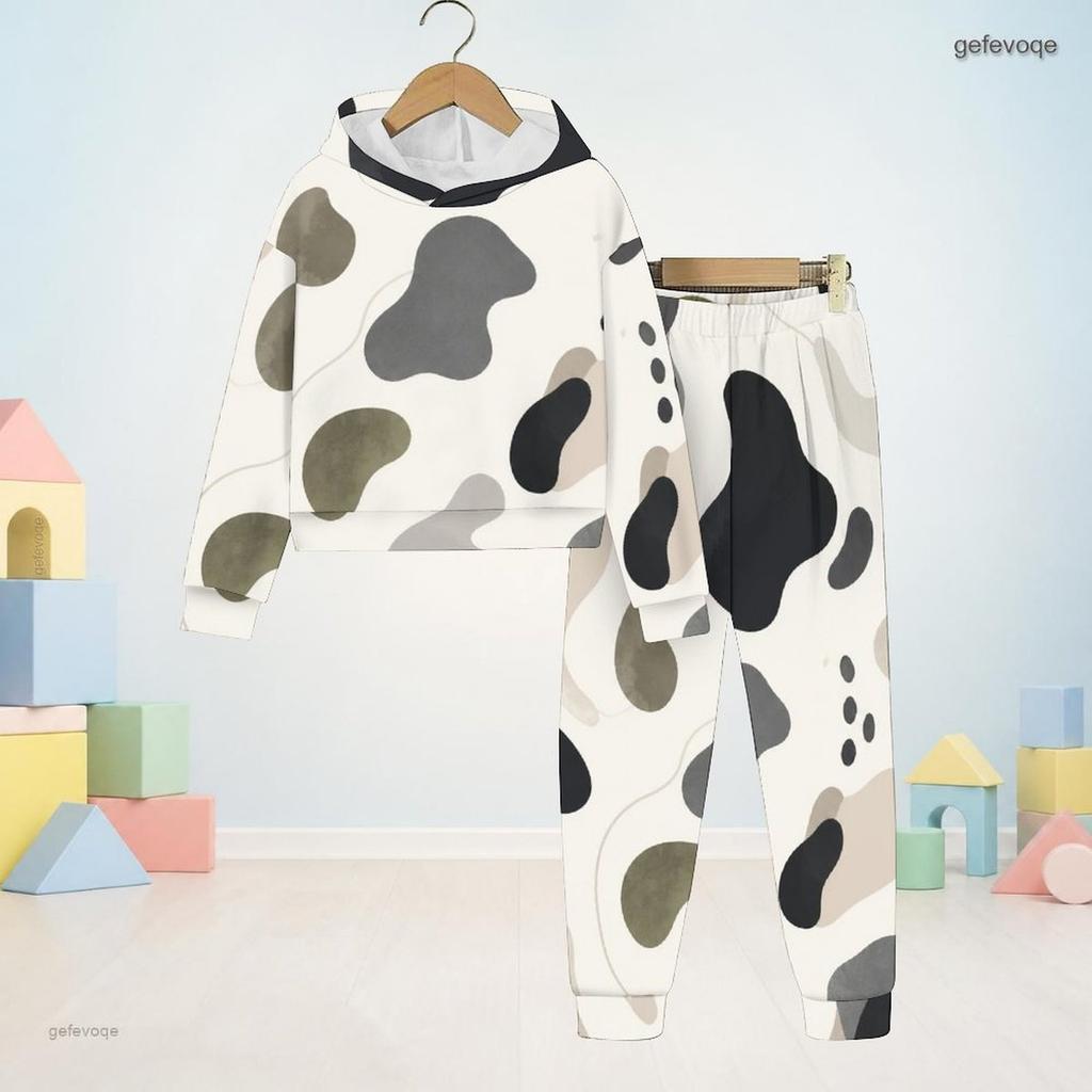 Boys Girls Abstract Printed Hooded Long Sleeve Sweatshirt And Cuffed Pants Two Piece Set