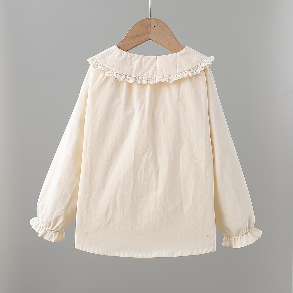 Beige Bluse für Kleinkind Mädchen mit Blumenstickerei und Spitze Peter Pan Kragen Frühling Herbst 2-6 Jahre Mädchenbekleidung