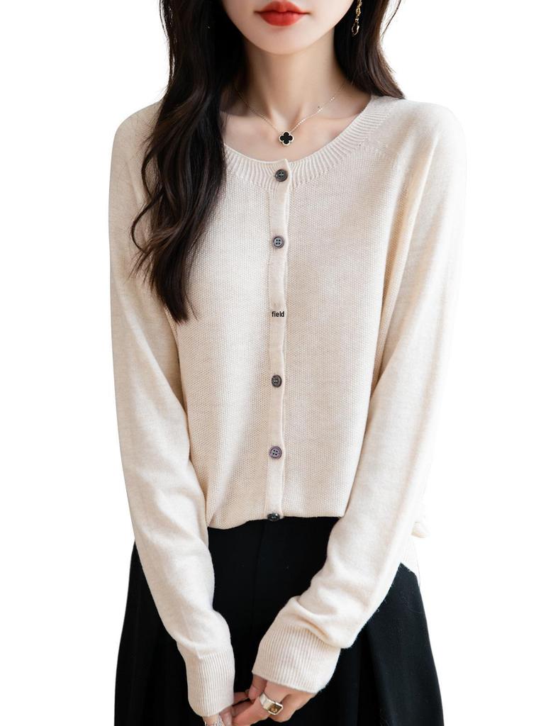 Women's Wool Round Neck Knit Cardigan - Versatile Autumn/Winter Sweater Outerwear