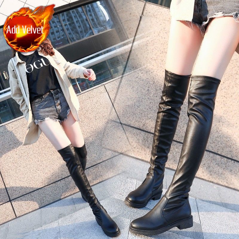 

Выше колена женские длинные сапоги эластичные бедра высокие кожаные черные женские туфли на среднем каблуке с голенищем обувь с круглым носком новинка 40
