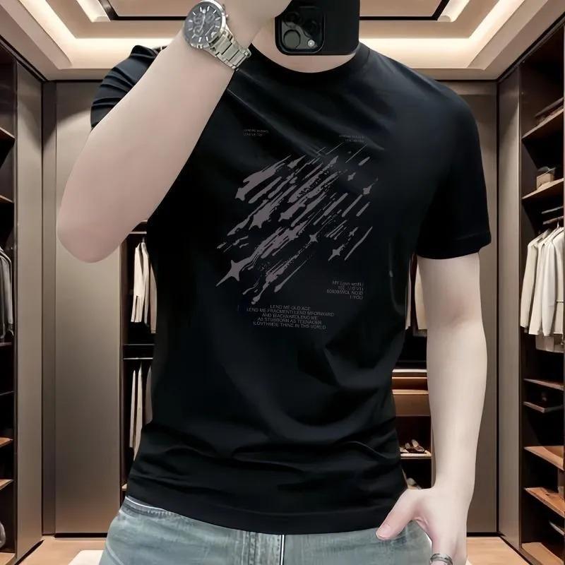 Men White Abstract Print Crew Neck Short Sleeve T Shirt
