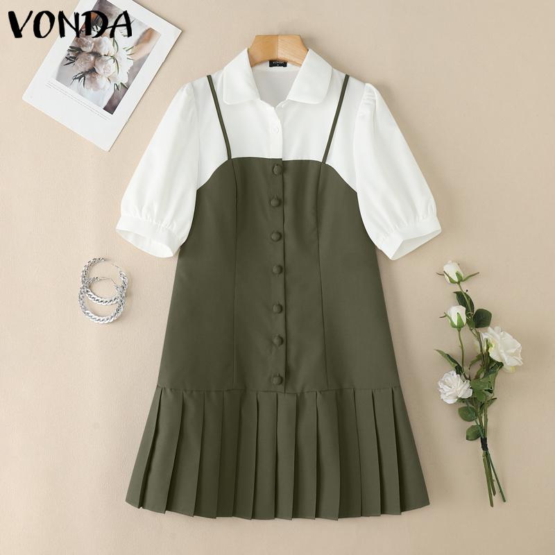 

VONDA Women Lapel Neck Short Sleeve Patchwork Casual Pleated Dress армия зеленый