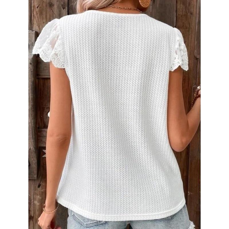 Blusas Summer Lace Solid Short Sleeve Casual T-shirt Womens Loose Shirt Women V-Neck Tee Shirt Casual Top Solid Top 28332