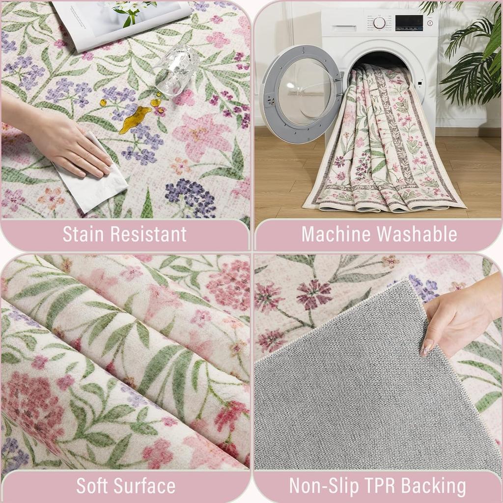 Home Decor Floral Area Rugs for Living Room Cute Kids Room Print Carpet Vintage Machine Washable Floor Mat Soft Non-slip Tapis