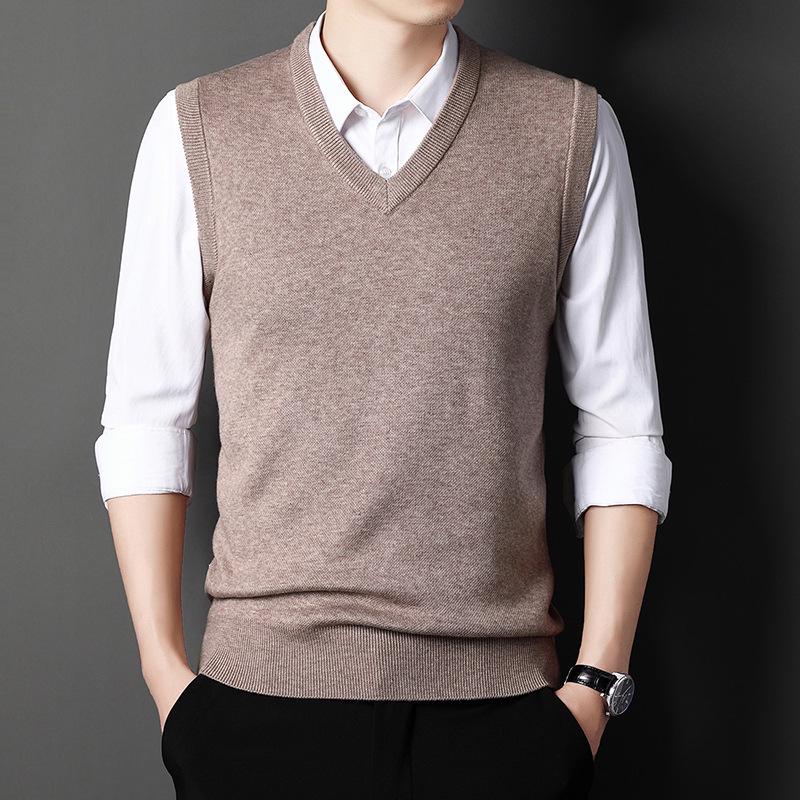 

Men s V-Neck Knitted Vest: Thick Sleeveless Sweater for Autumn/Winter - Solid Color, Middle-Aged Business Style XXXL