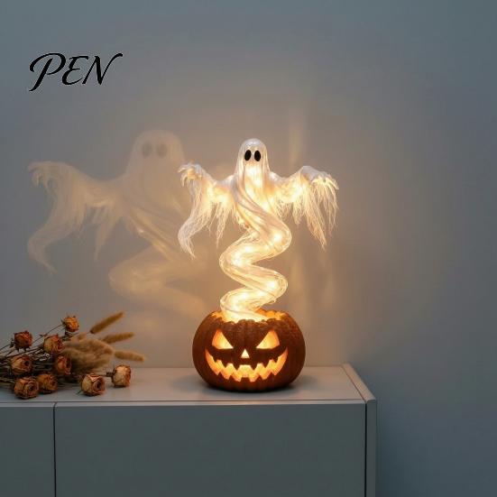 Battery Operated Glow Ornaments Ghost Pumpkin Yard Lamp, Halloween Resin Figurine with Warm LED Light, Indoor Outdoor Seasonal Props Spooky