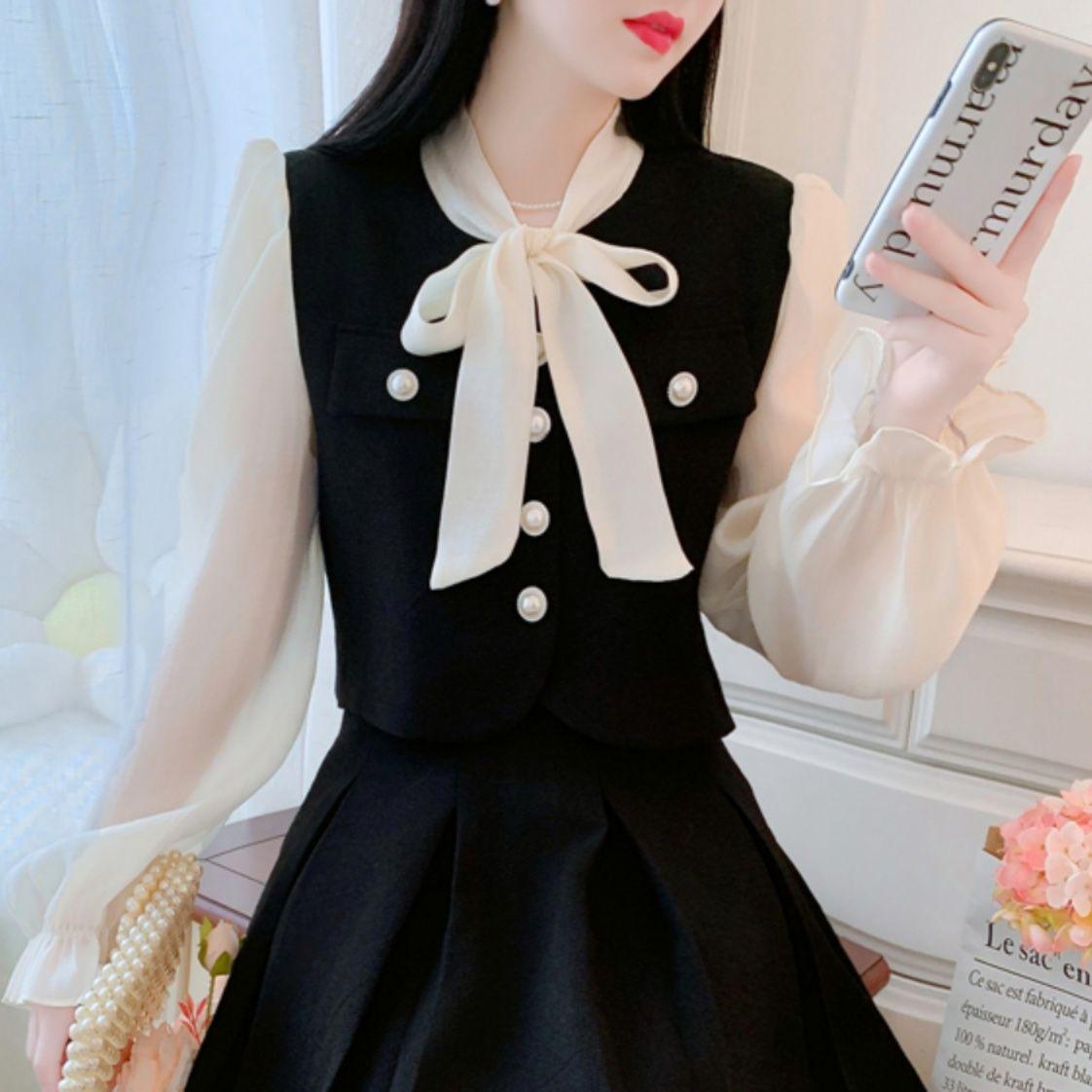Elegant French High-End Two-Piece Skirt Set: Bow Shirt & High-Waisted Short Skirt XL (Recommended 115-125 lbs)