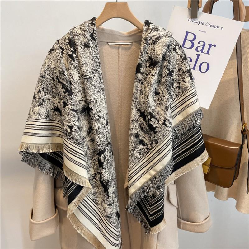 Warm Thick Wool-Blend Scarf With Tassels Soft Faux Cashmere Square Shawl Women Winter Office Daily Wear