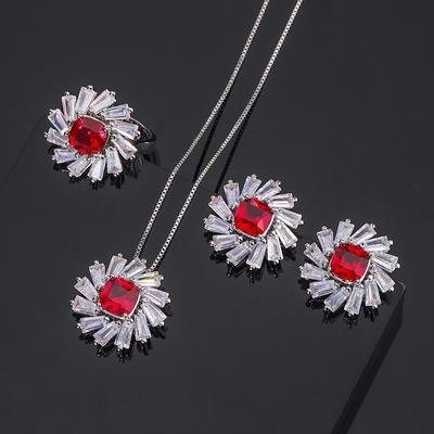 Huamei Jewelry Bague en rubis simulé pour femme en argent sterling S925 Boucles d'oreilles à tige Collier à fleurs tendance