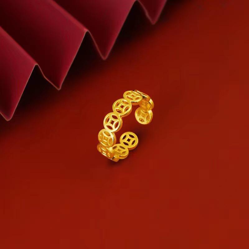 Vintage Vietnam Sand Gold Coin Alloy Ring for Women – Gold-Plated Retro Wedding Jewelry
