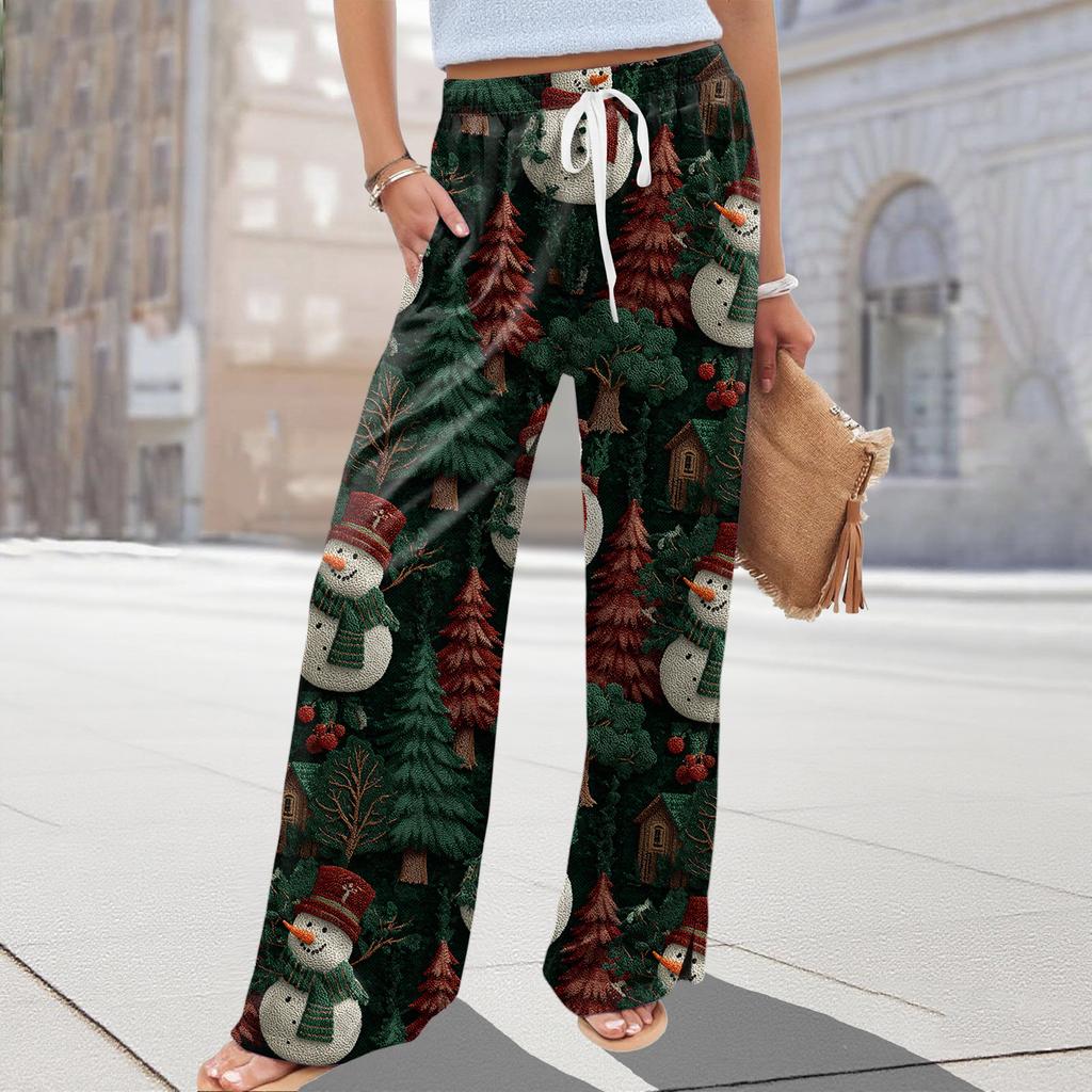 Ladies' Loose And Casual Christmas Printed Wide Leg Pants With Elastic Waistband Drawstring And Pocket Pants