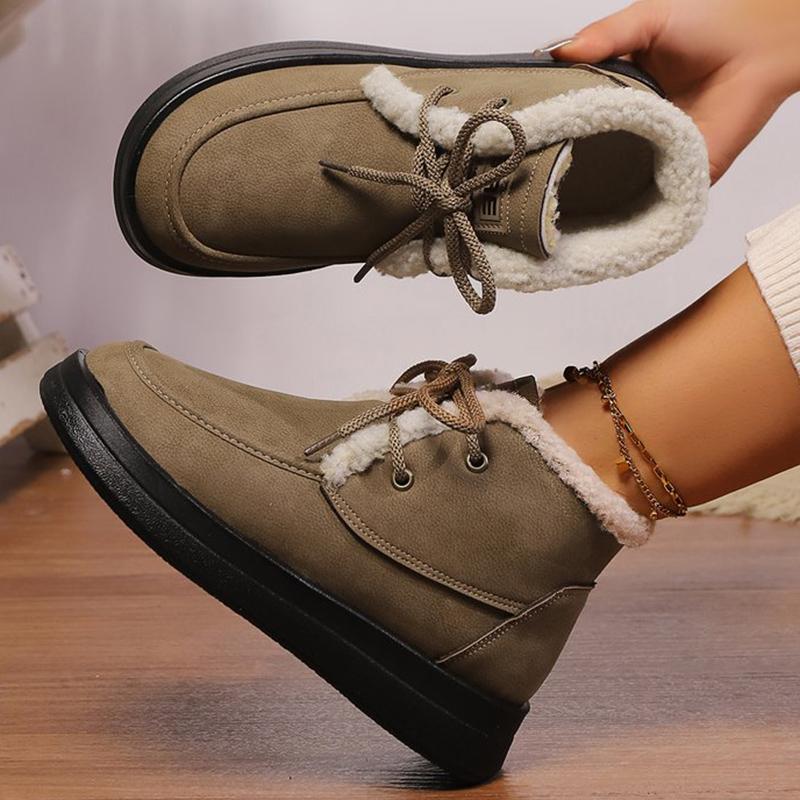 Fashion Retro Fleece Thick Warm Ankle Boots Women Lace Up Platform Snow Boots Woman Winter Pu Leather Short Plush Booties Female