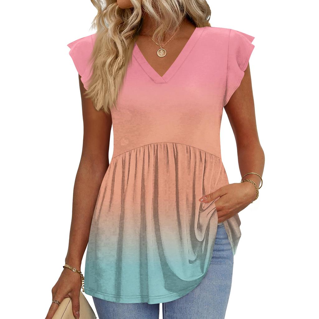 Womens Tops Fashionable V-neck Ruffled Sleeve Short-sleeved T-shirt Business Blouses
