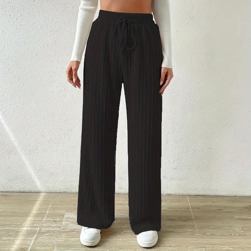 Women's Knitted Wide-leg Pants Fashion Solid Color Texture Stripes Elastic Waist Comfortable Casual Loose Straight Pants