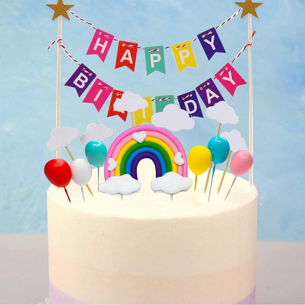 Cake Plugin Set,happy Birthday Banner Hat Including Colorful Rainbow Clouds,balloons,stars Cake Decoration Accessories Tools