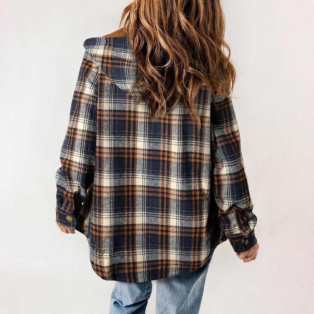 Womens Plaid Shacket Jacket Long Sleeve Button Down Fleece Hooded Jackets Warm Coat
