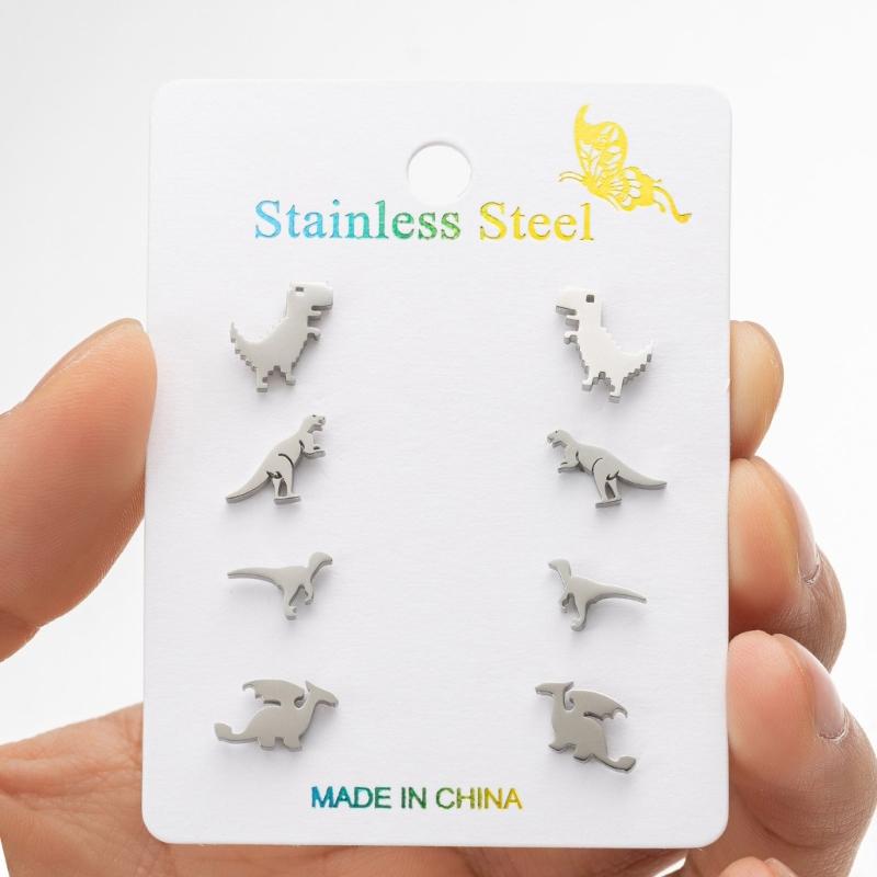 4 Paia Divertenti Orecchini a Forma di Dinosauro dei Cartoni Animati Acciaio Inossidabile Texture Gioielli per Orecchie Moda Spilla per Orecchio Adatto per l'Uso Quotidiano e le Feste