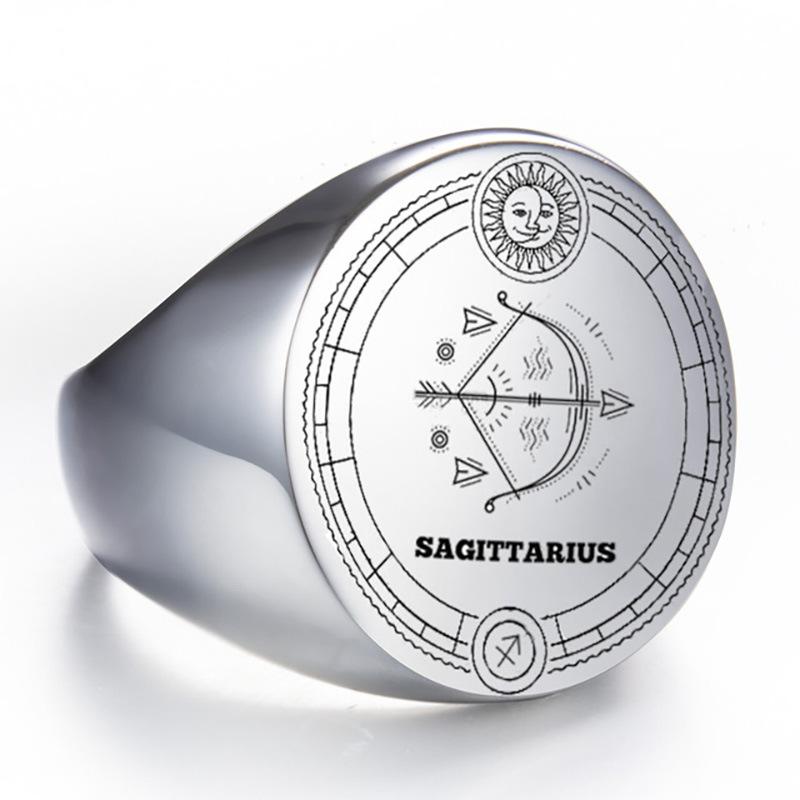 22mm Round Stainless Steel Zodiac Sign Men Ring Retro Fashion Index Finger Ring for Men