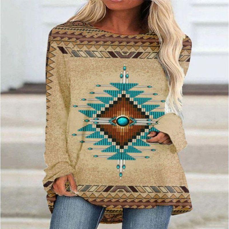 New 3D Ethnic Tribal Style Printed Round Neck Women's T-shirt Long-sleeved Bottoming Shirt Casual Loose Top Breathable Pullover