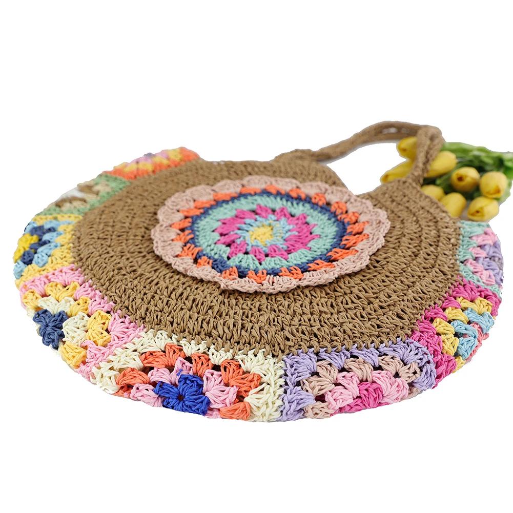 Women Fashion Woven Handbag Round Straw Woven Tote Bag Vacation Shoulder Bag Large Capacity Ethnic Style for Travel Vacation