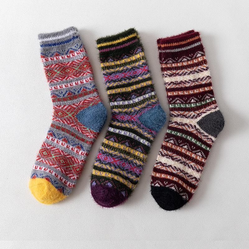 3 Pairs of Women's New Winter Bar Imitation Ferret with Thick Warm Rabbit Wool Tube Socks