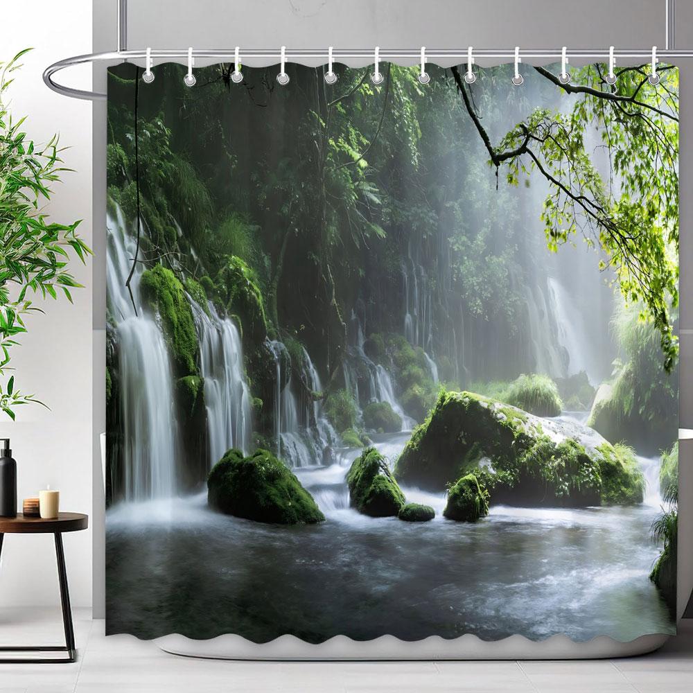 Waldwasserfall Duschvorhang Außen Naturlandschaft Üppige Wälder Grüne Pflanzen Blumig Polyester Duschvorhänge Badezimmer Dekoration