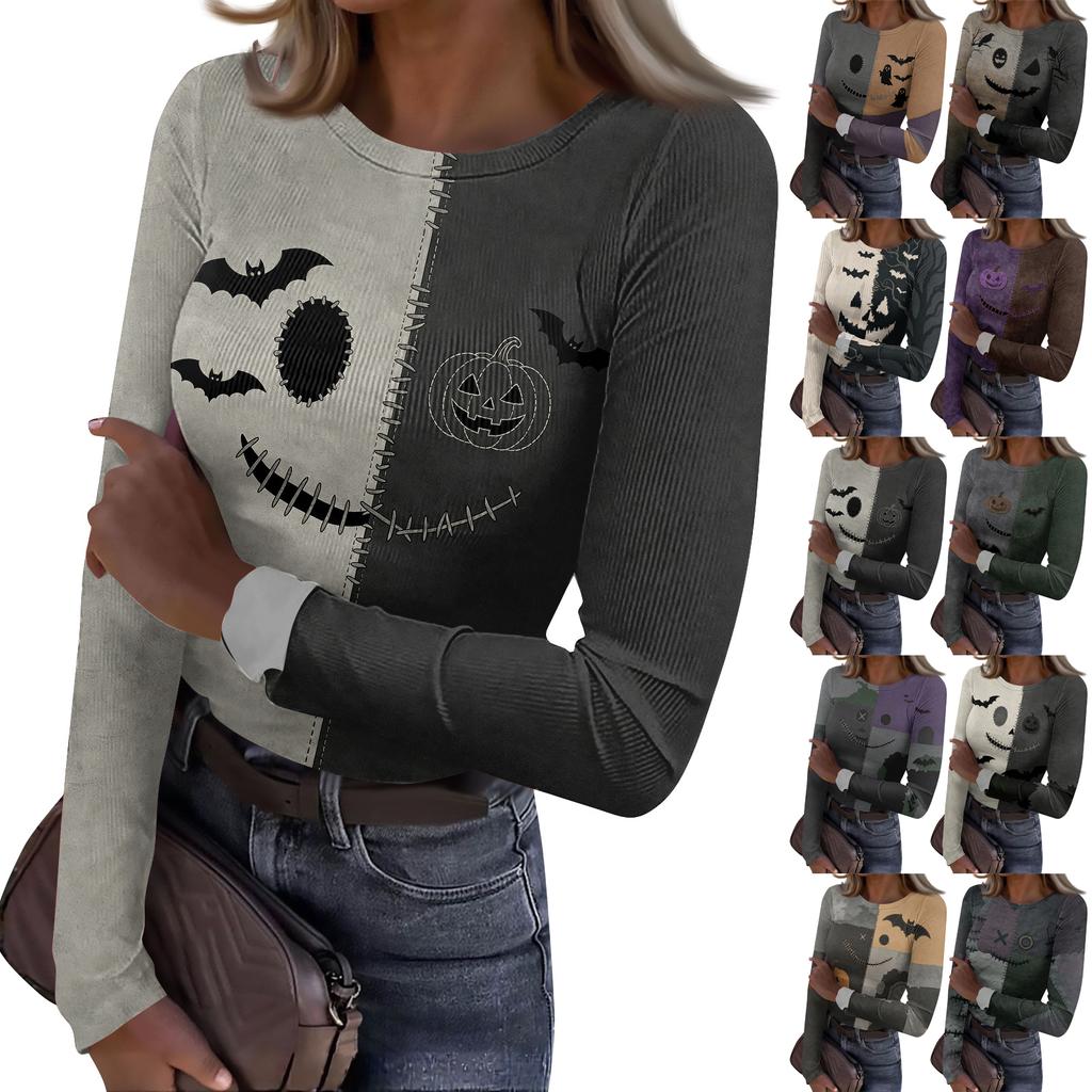 Women Halloween Print Long Sleeve Slim Fit Crew Neck Base Shirt Stretchy Ribbed Fabric Casual Top for Autumn and Winter