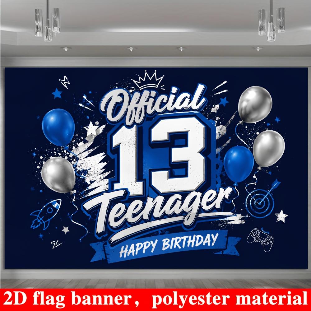13th Teenager Birthday Banner Backdrop Blue Silver Balloons Rocket Game Controller