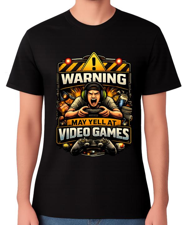Warning May Yell At Video Games Gamer Cartoon T-Shirt Funny Unisex Tee S