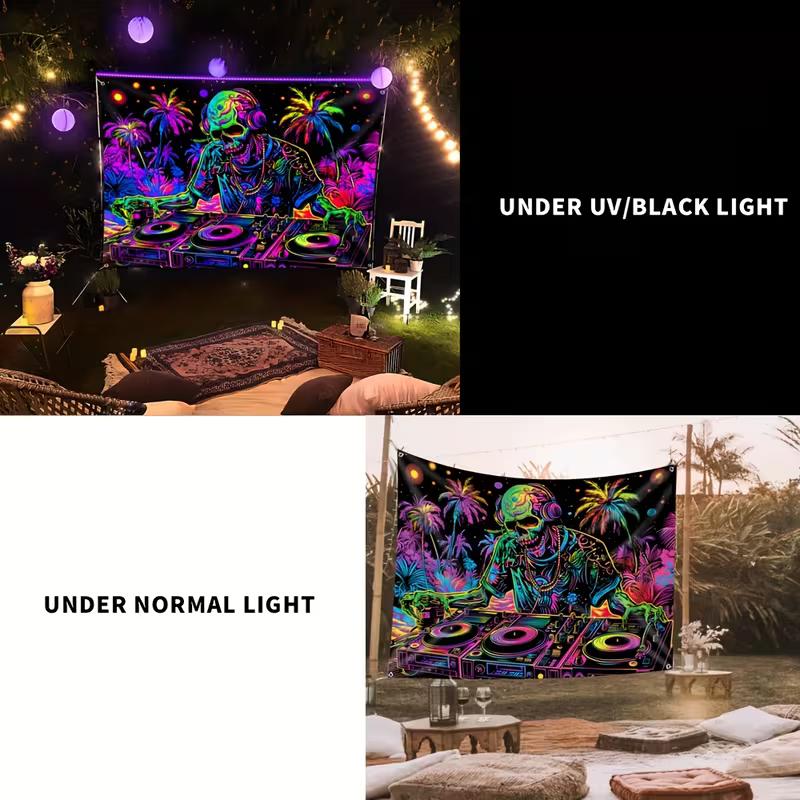Glow in The Dark Skull DJ Tapestry, Blacklight Party Wall Art with Neon Palm Trees for Bedroom & Club