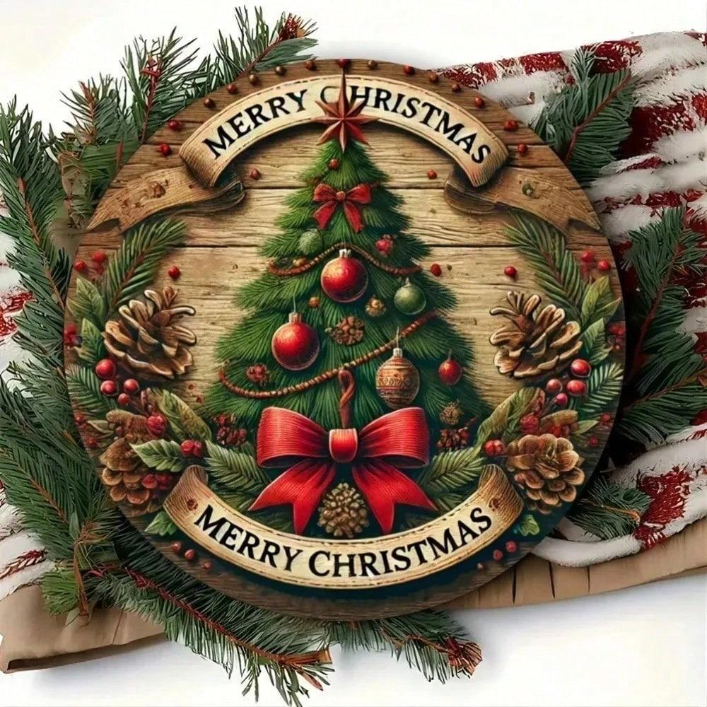 Retro Christmas Tree Metal Tin Sign Round 8 Inch Engraved Wall Art Home Bar Cafe Holiday Decor