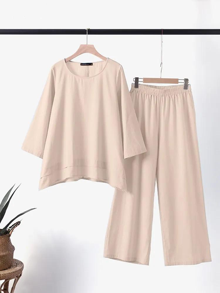 2023 Chinese Style Plus Size Women's Retro Pants Set: Solid Color Cotton Linen Casual Long Sleeve Loose Fit