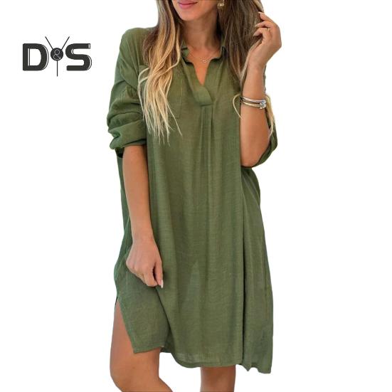 Lady Beach Shirt Dress with Cufflinks Thin Loose Side Slit Midi Dress Turn-down Collar Long Sleeve Dress for Vacation Daily Wear