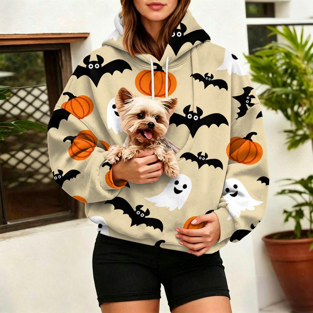Women's Halloween Print Hoodie with Large Pet Pocket for Fall and Winter Casual Wear