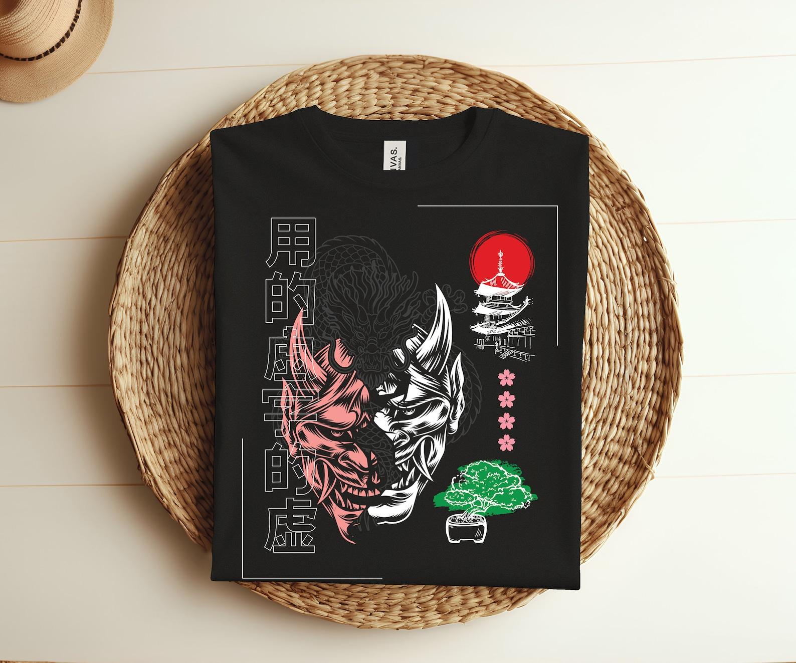 Japanese Mask Art Samurai Vintage Fighter Retro Design T-shirt, Japanese Culture Geisha Mount TShirt Fuji Cherry Blossom Lover Gift Outfit, 110