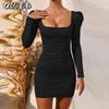 Women's Fashion Summer Spring Solid Color Print Long Sleeve U-Neck Casual Dresses