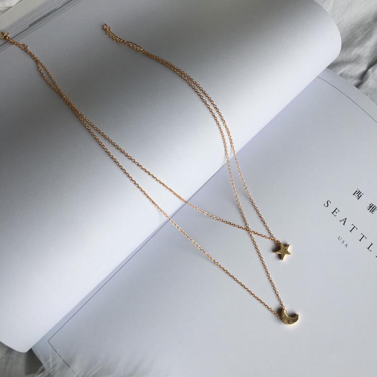 European and American Fashion Metal Double Layer Star and Moon Pendant Necklace Korean Style Fashion Versatile Women's Necklace