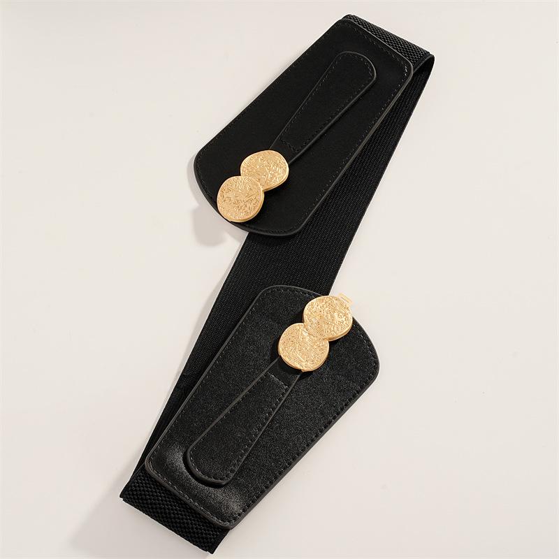 Retro Women's Wide Elastic Waist Belt with Interlocking Buckle - Available in Black and Camel Colors for Coat or Sweater.
