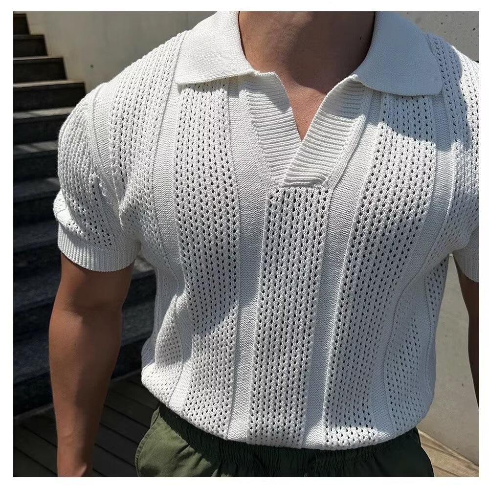 

Мужская летняя трикотажная рубашка поло в стиле хай-стрит - с короткими рукавами, лацканами, прохладный пуловер L белый