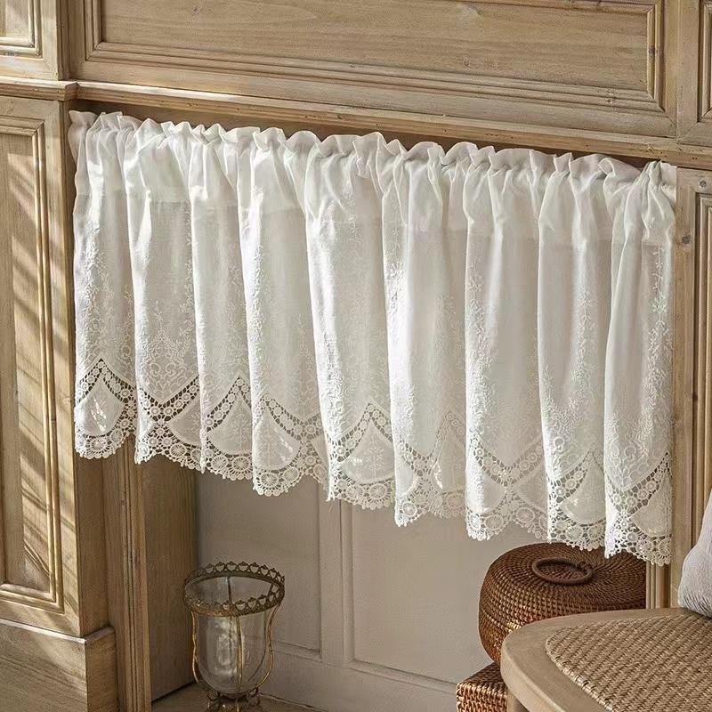 100% Cotton Hollow Flowers Short Curtains Living Room Korean Gream Lace Cloth Half Curtains for Kitchen Bookshelf Dust Curtain