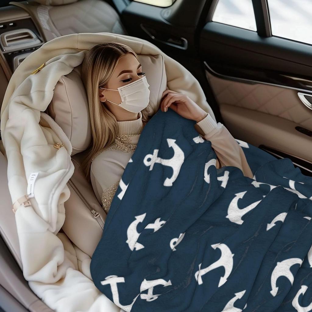 Navy Blue Nautical Anchors Throw Blankets All Season Ultra Soft Warm Fleece Blanket for Home Bed Sofa Couch Chair Outdoor Travel