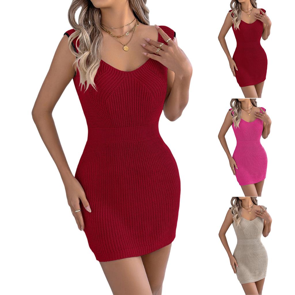 Women's Fashion Casual Color-Block Sexy V-Neck Slim-Fit Knitted Bodycon Dress