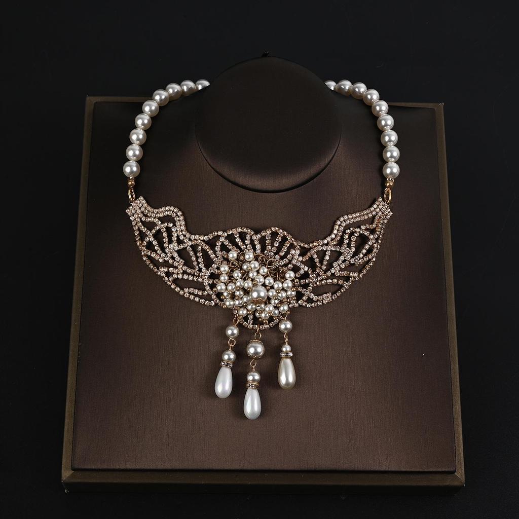 Hepburn Style Romantic Pearl & Rhinestone Necklace and Bracelet Set