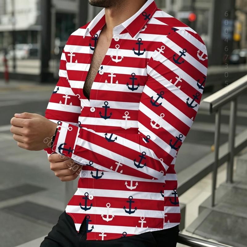 Men's Slim Fit Lapel Long Sleeved Shirt, Navy Style Boat Anchor Wave Print, Outdoor Casual Men's Top