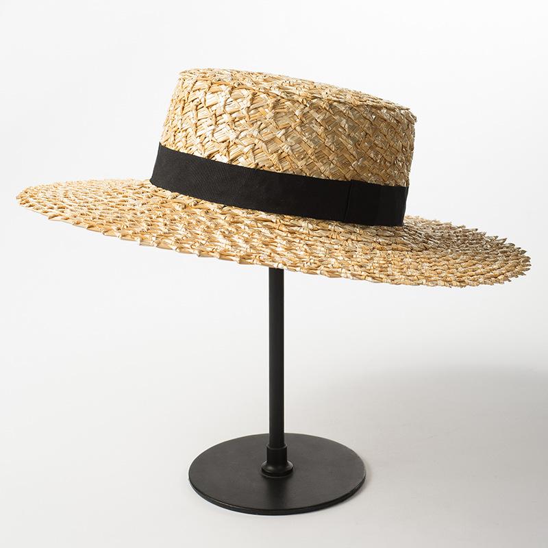 Spring and summer new hand-woven lace straw flat top straw hat women's travel sunscreen sun hat beach top hat
